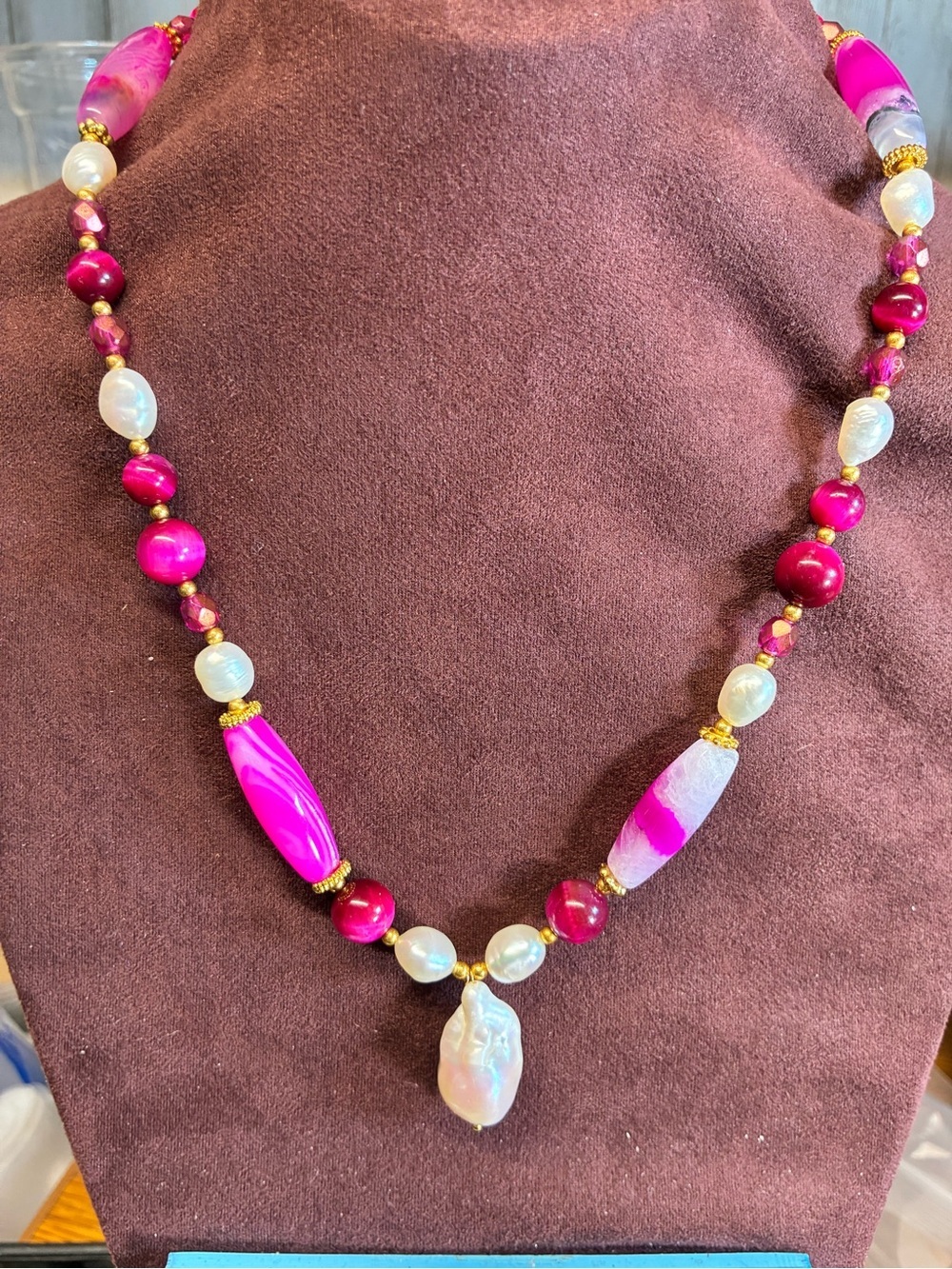 Handcrafted Pink Agate & Pearl  red tigers eye Bead Necklace